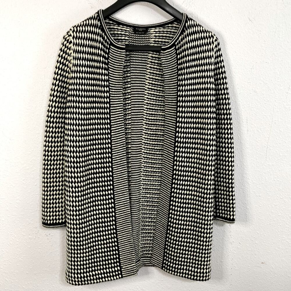 Talbots Women Black/Cream Pure Merino Wool Textured Knit Open Cardigan Size SP